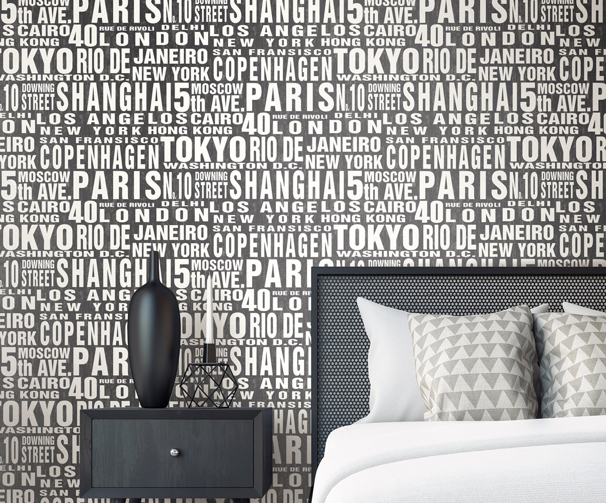 Around the World Black & White by NextWall Peel & Stick City Typography Wallpaper – NextWall NW31400