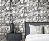 Around the World Black & White by NextWall Peel & Stick City Typography Wallpaper – NextWall NW31400
