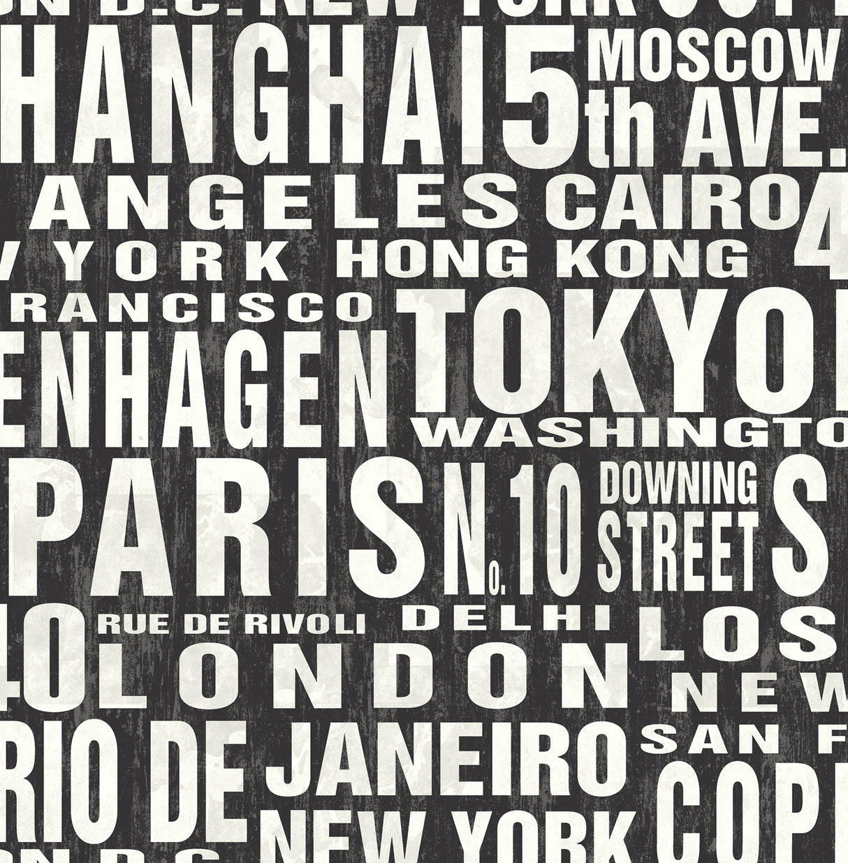 Black and white peel and stick wallpaper with large typography of world city names