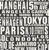 Black and white peel and stick wallpaper with large typography of world city names