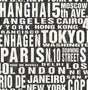 Black and white peel and stick wallpaper with large typography of world city names