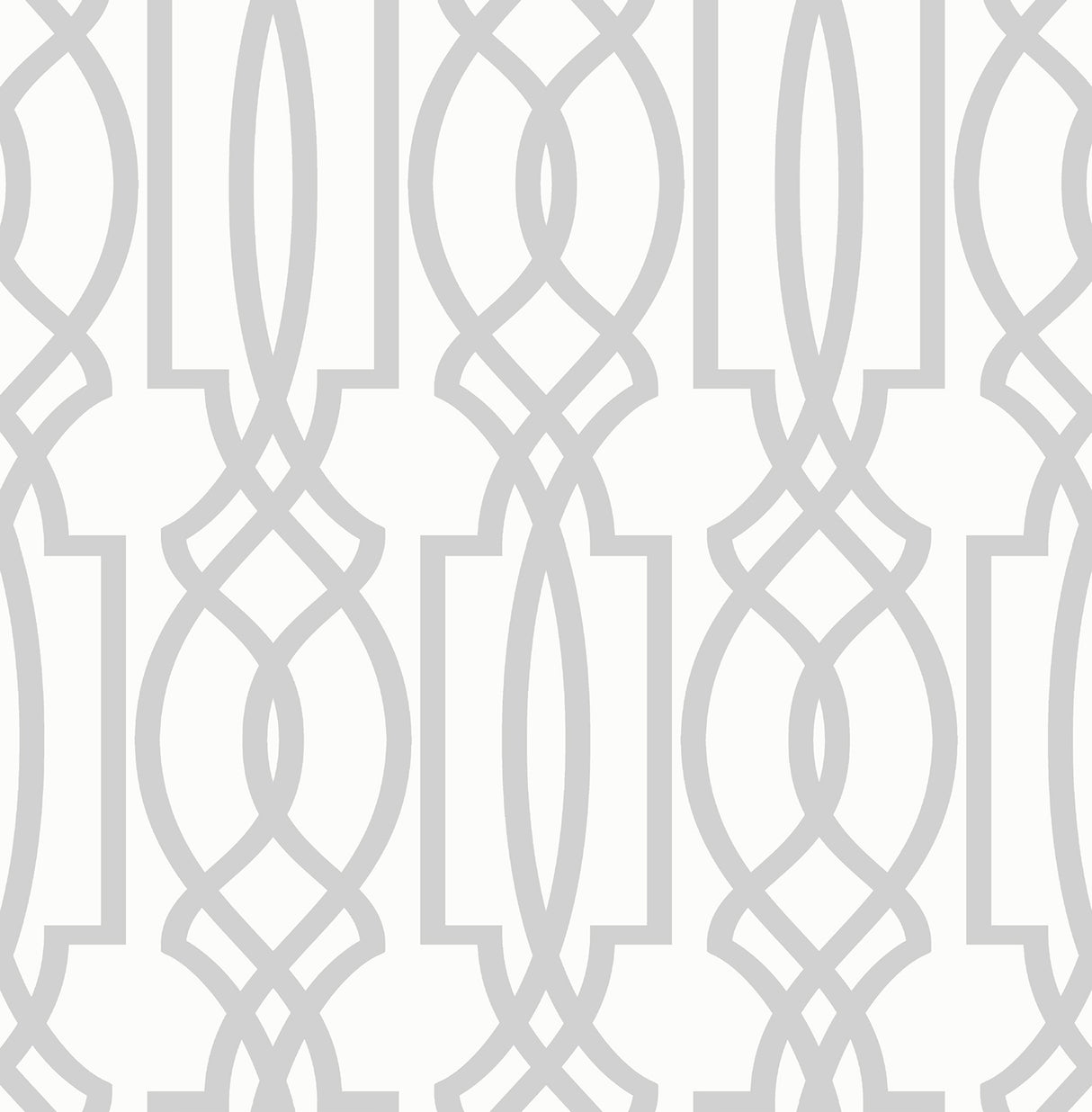 Soft gray and white deco lattice peel and stick wallpaper with a contemporary geometric trellis pattern.