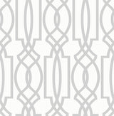 Soft gray and white deco lattice peel and stick wallpaper with a contemporary geometric trellis pattern.