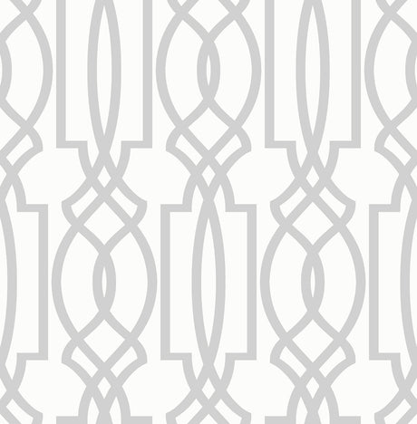 Soft gray and white deco lattice peel and stick wallpaper with a contemporary geometric trellis pattern.