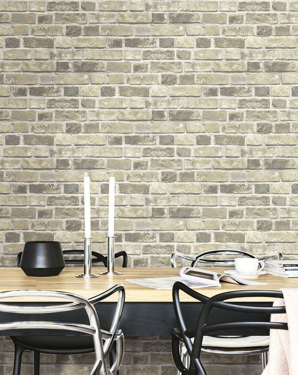 Distressed Neutral Brick Gray & Tan by NextWall Peel & Stick Peel & Stick Wallpaper – NextWall NW31705