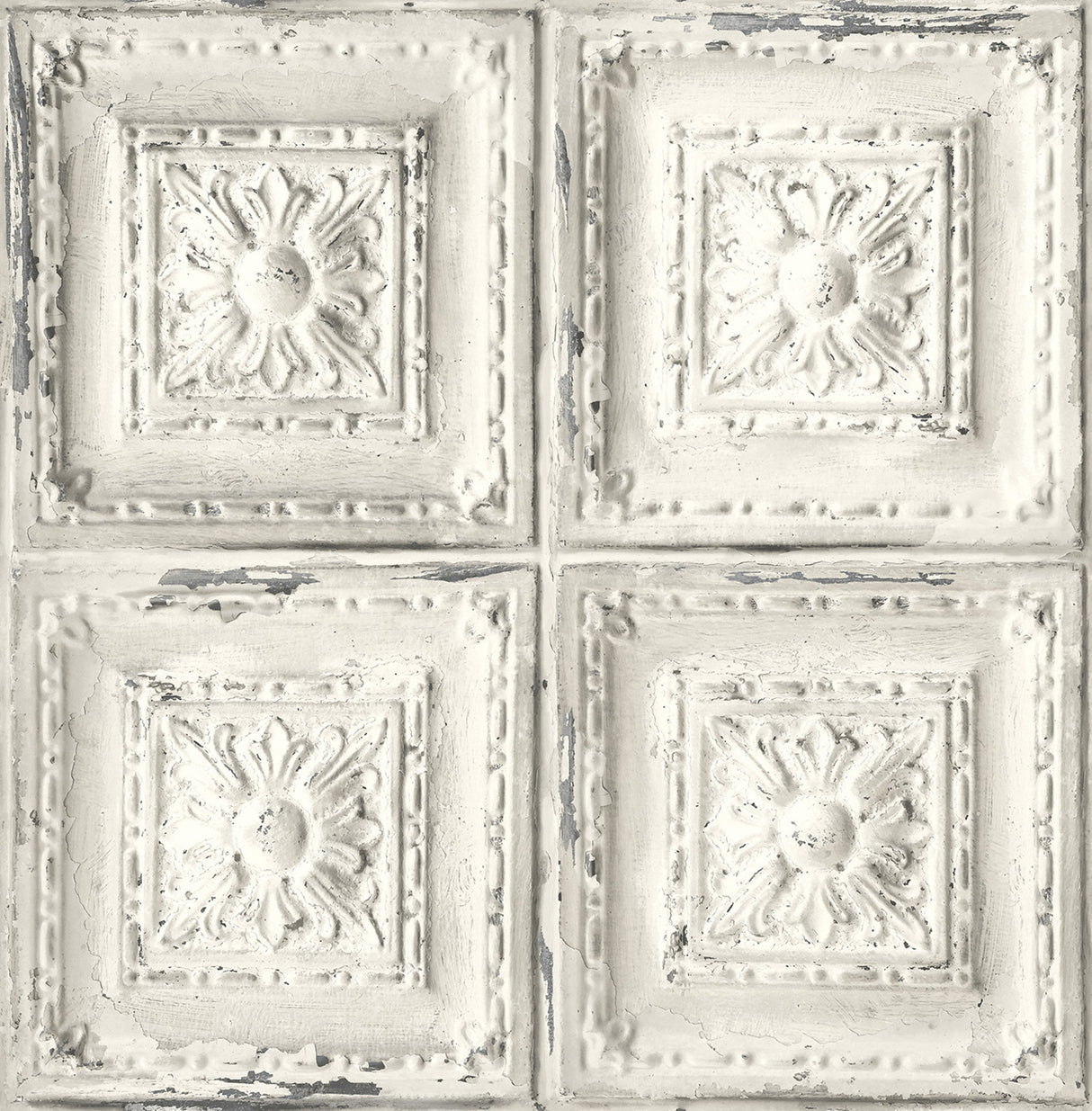 Distressed Tin Tile peel and stick wallpaper pattern in off-white with charcoal distressing