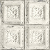 Distressed Tin Tile peel and stick wallpaper pattern in off-white with charcoal distressing