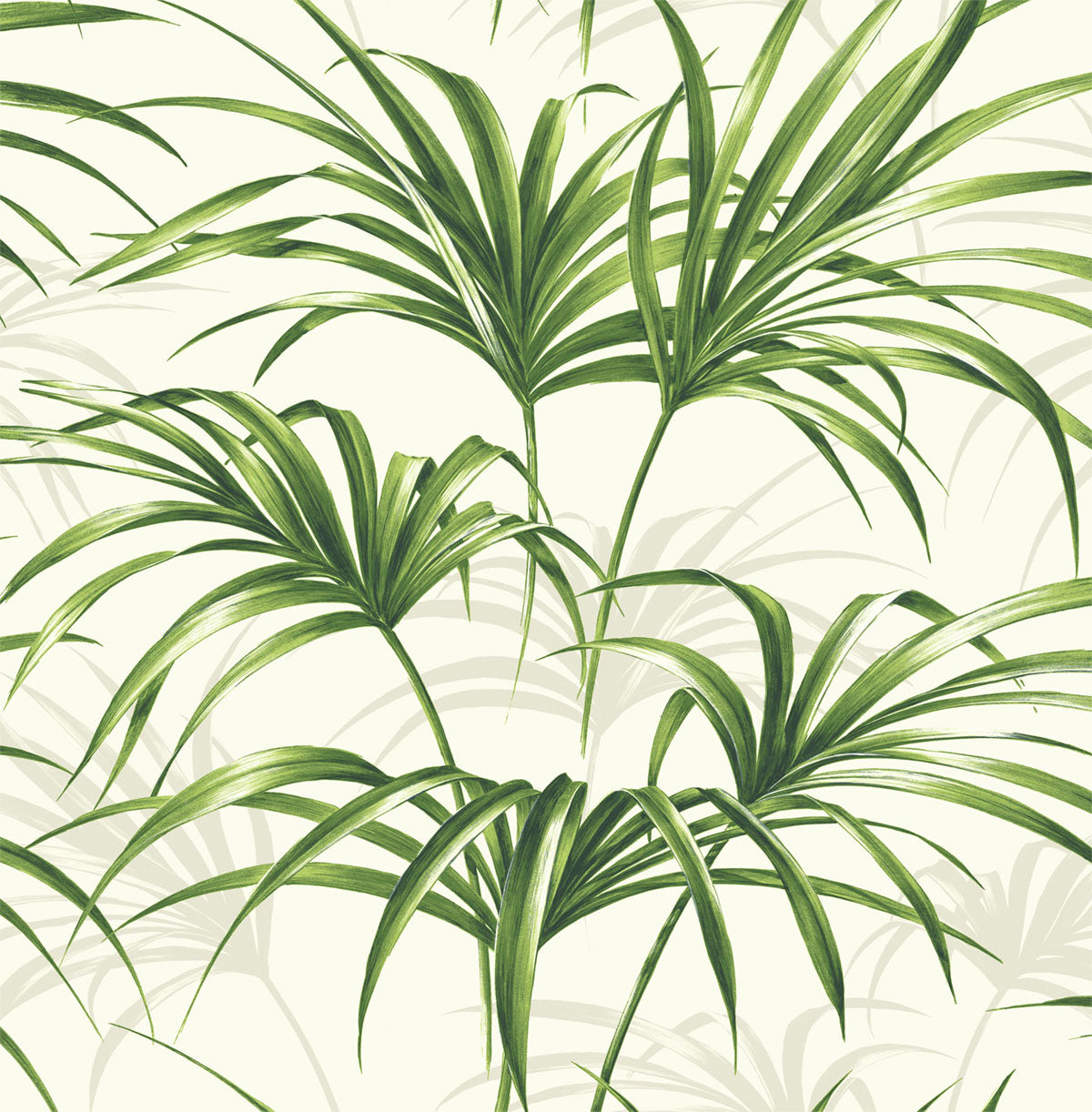 Green palm leaf botanical peel and stick wallpaper on an off-white background