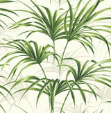 Green palm leaf botanical peel and stick wallpaper on an off-white background