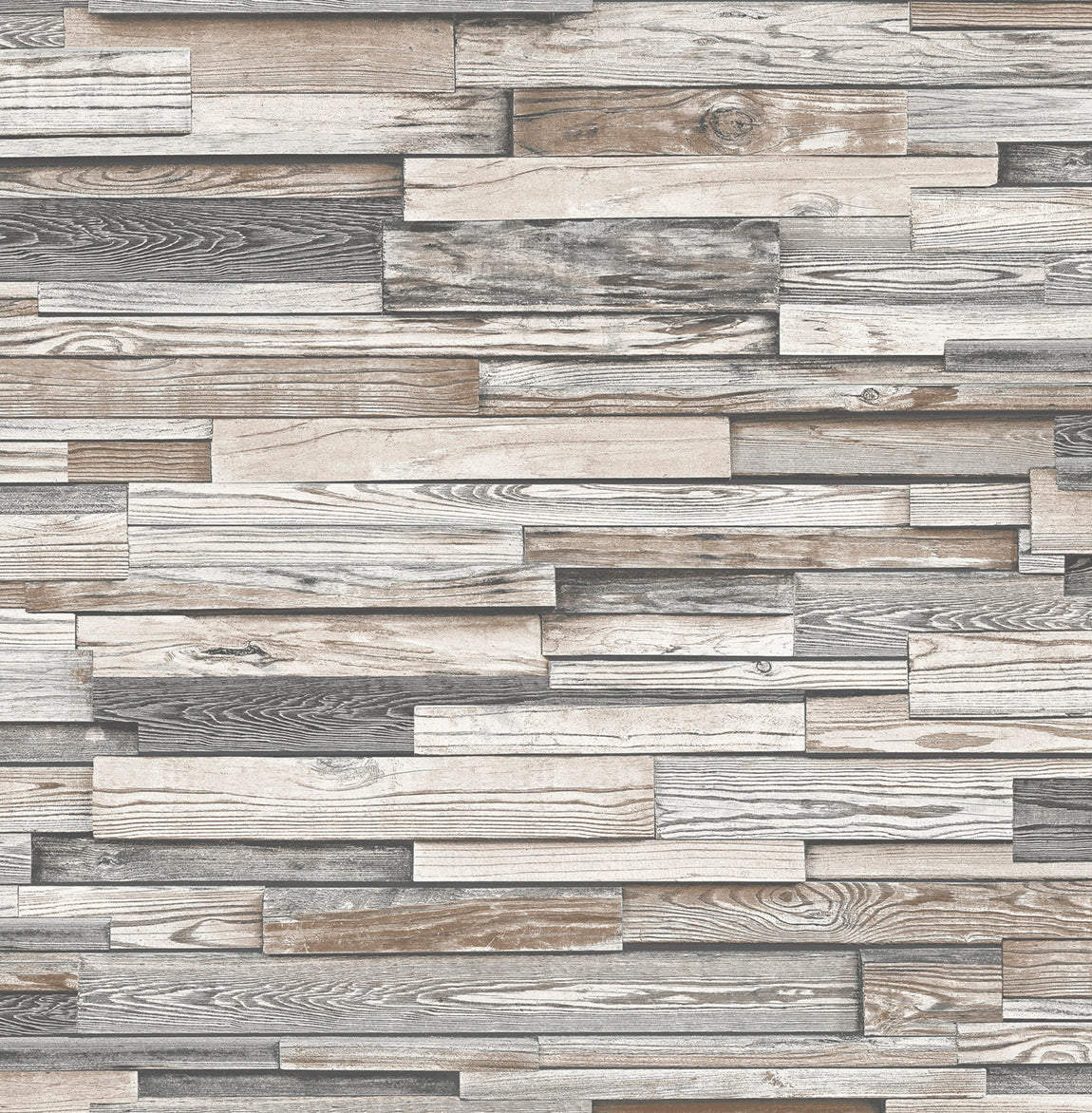 Light gray and brown reclaimed wood plank peel and stick wallpaper