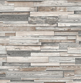 Light gray and brown reclaimed wood plank peel and stick wallpaper