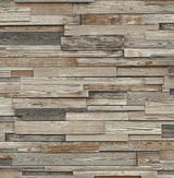 Reclaimed Wood Plank peel and stick wallpaper in charcoal and brown wood plank design