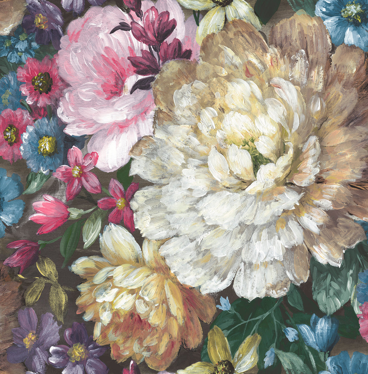 Large painterly floral peel and stick wallpaper in multicolor on a dark background (Blooming Floral by NextWall).