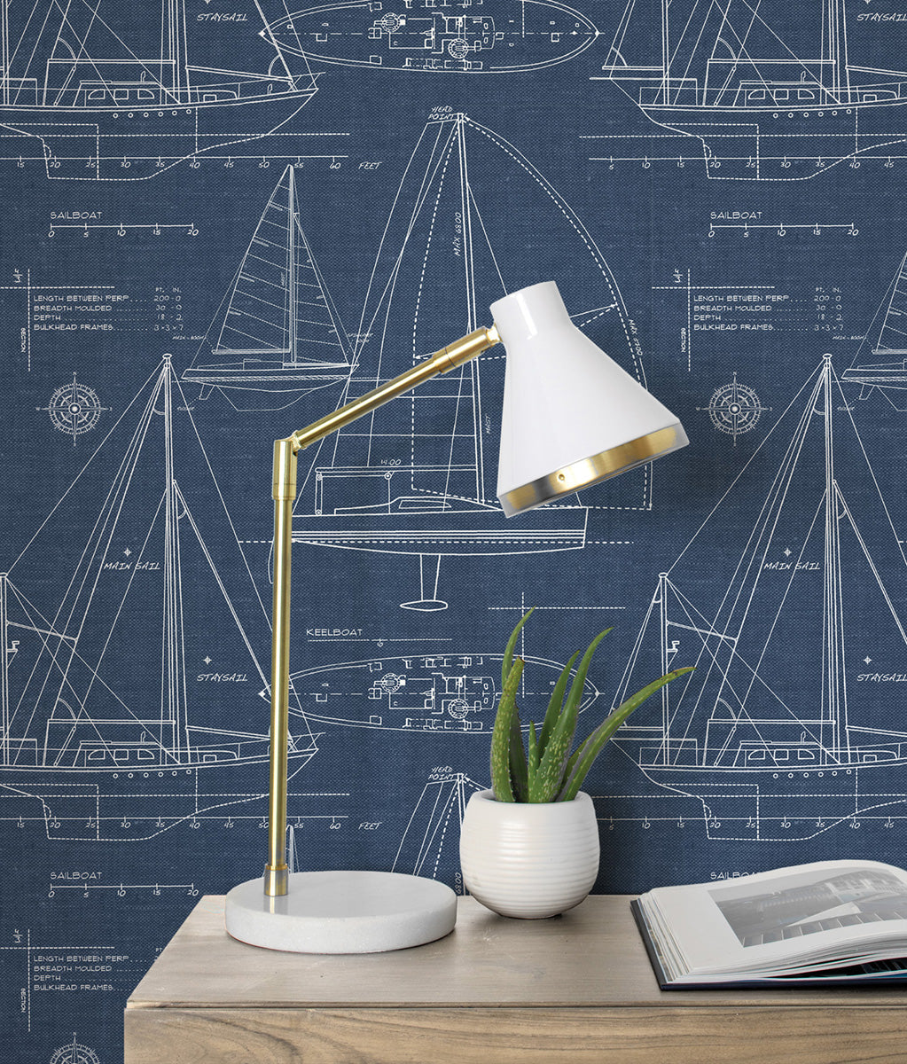 Yacht Club Navy Blue by NextWall Peel & Stick Sailboat Blueprint Wallpaper – NextWall NW32902