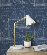 Yacht Club Navy Blue by NextWall Peel & Stick Sailboat Blueprint Wallpaper – NextWall NW32902