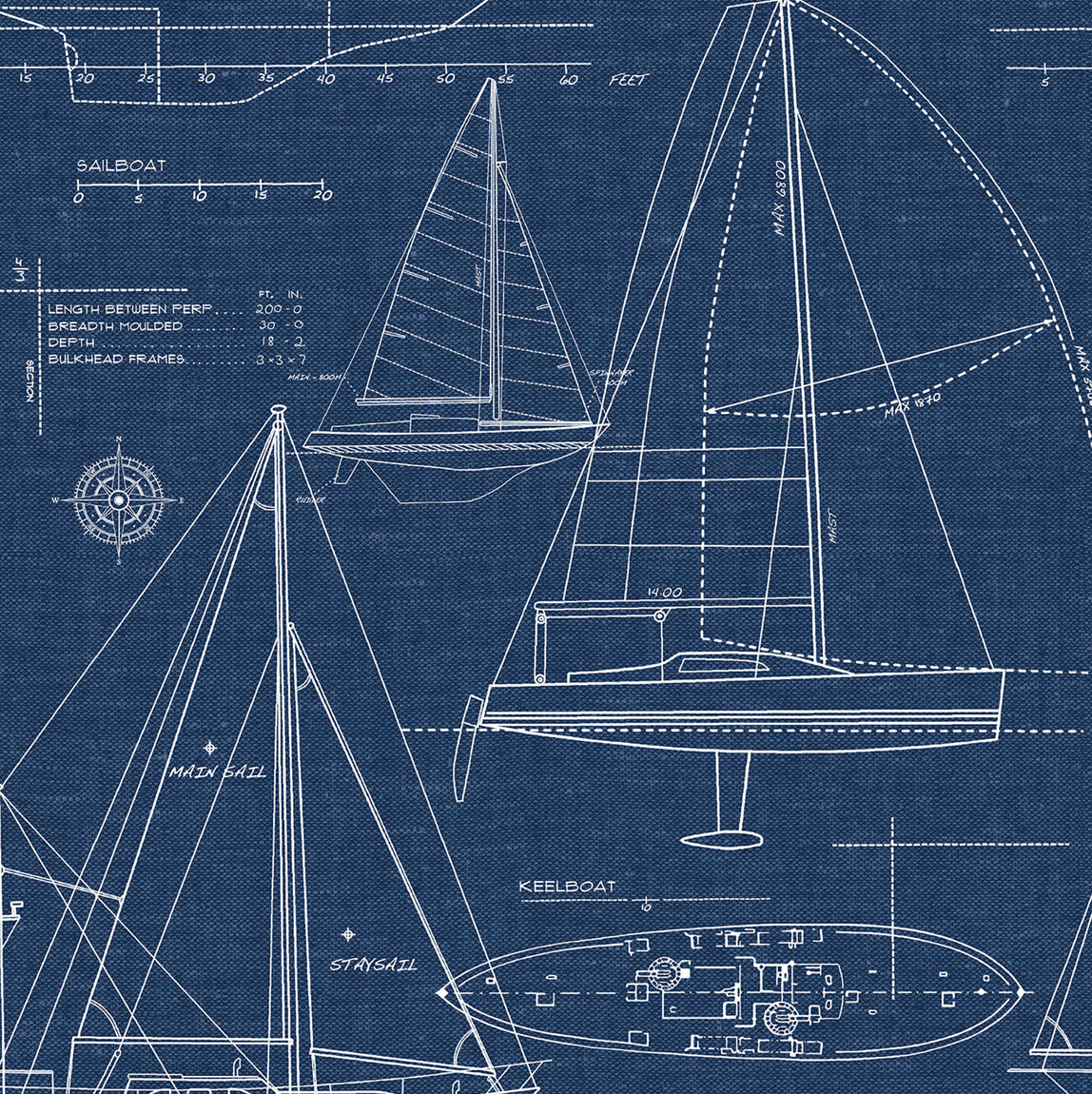 Navy blue sailboat blueprint peel and stick wallpaper pattern