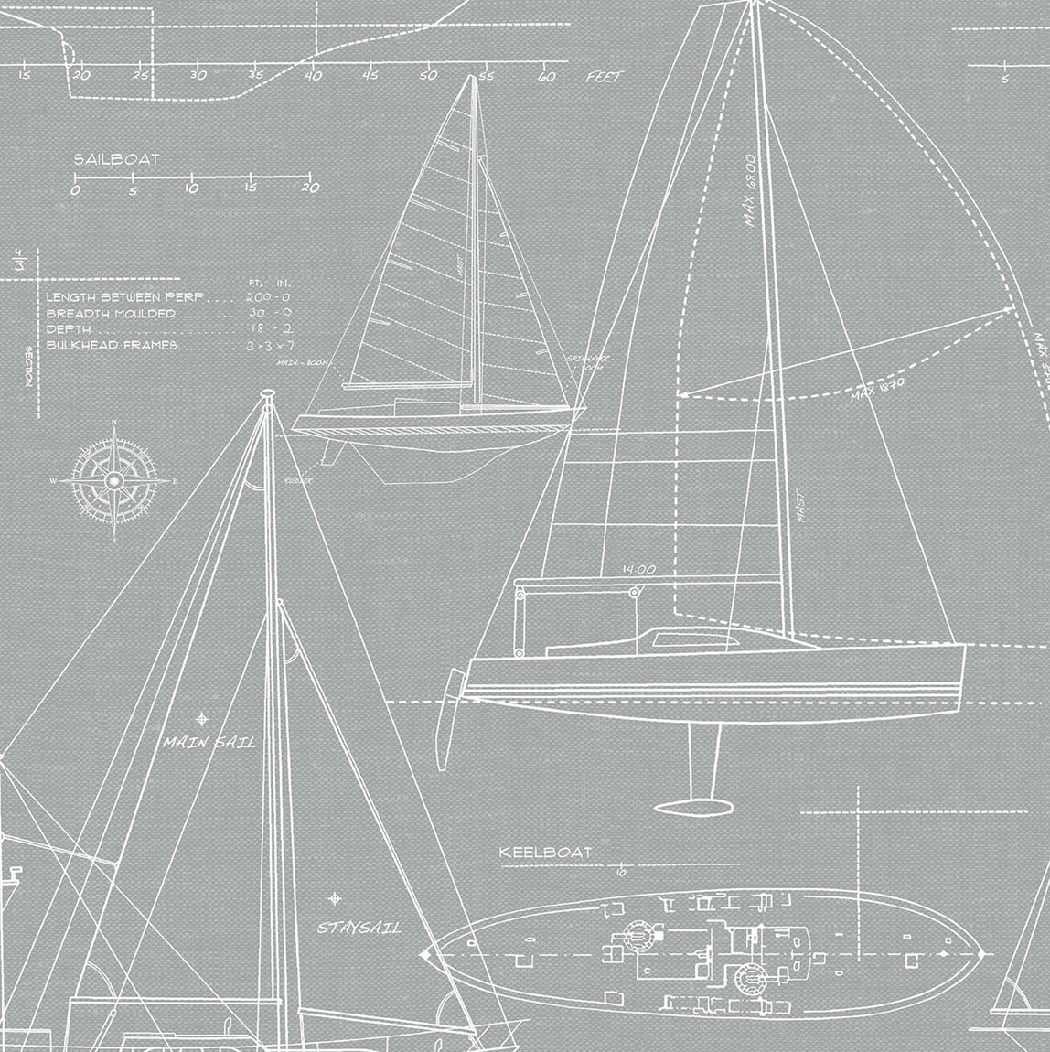 Gray nautical sailboat blueprint peel and stick wallpaper pattern