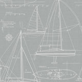 Gray nautical sailboat blueprint peel and stick wallpaper pattern