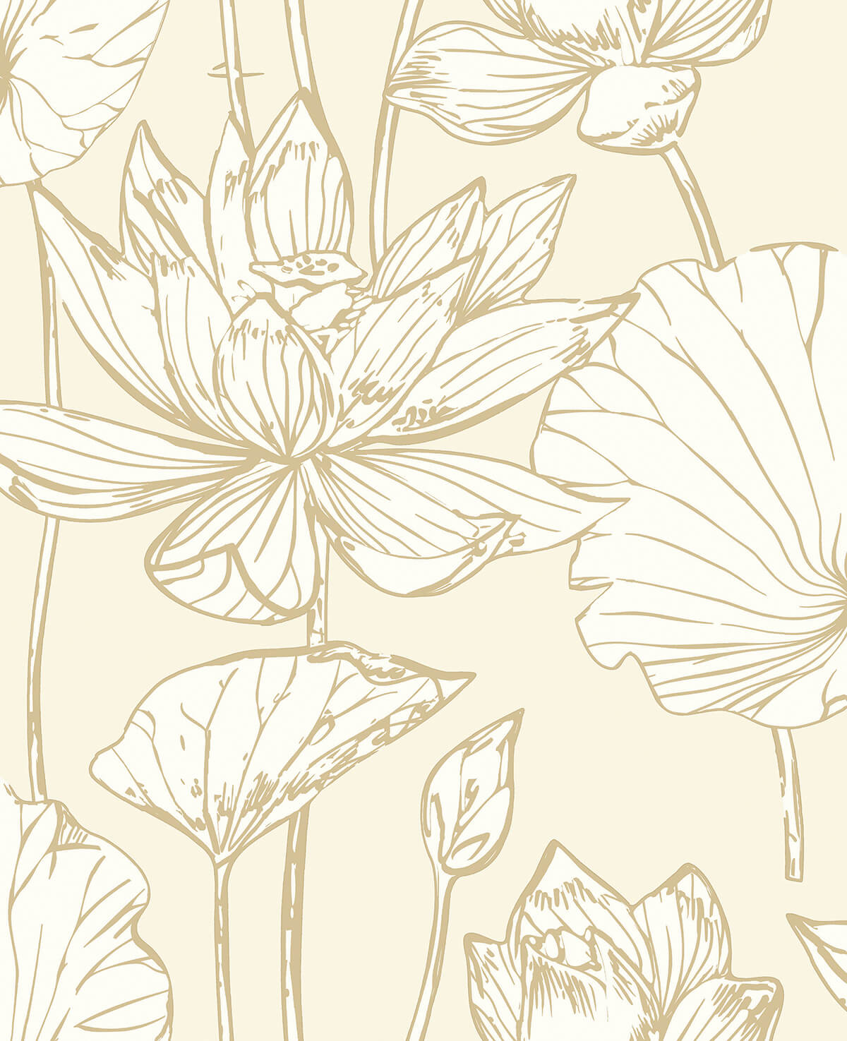 Lotus Floral peel and stick wallpaper in metallic gold linework on a cream ground