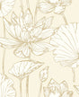 Lotus Floral peel and stick wallpaper in metallic gold linework on a cream ground