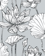 Lotus Floral gray and ebony line-drawn floral peel and stick wallpaper