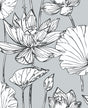 Lotus Floral gray and ebony line-drawn floral peel and stick wallpaper