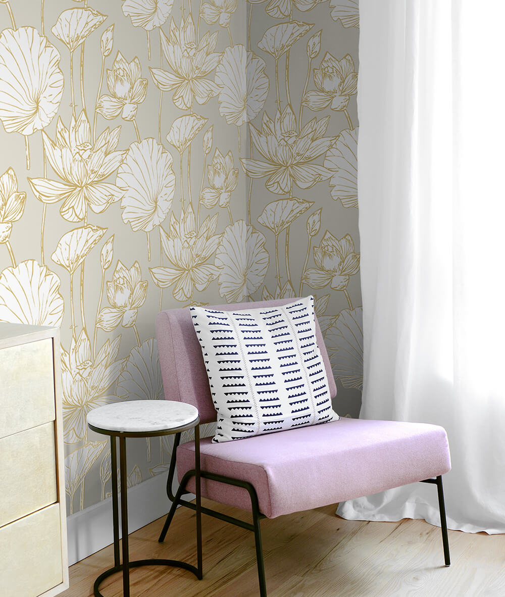 Lotus Floral Metallic Gold & Gray by NextWall Peel & Stick Peel & Stick Wallpaper – NextWall NW33118