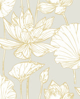 Lotus Floral peel and stick wallpaper in metallic gold and gray