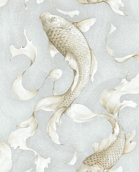 Koi Fish peel and stick wallpaper in metallic champagne and gray with koi fish motif