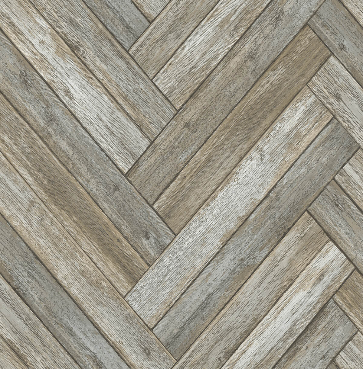 Chevron Wood peel and stick wallpaper in taupe and beige herringbone wood plank pattern