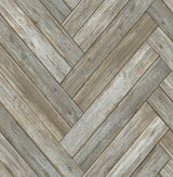 Chevron Wood peel and stick wallpaper in taupe and beige herringbone wood plank pattern