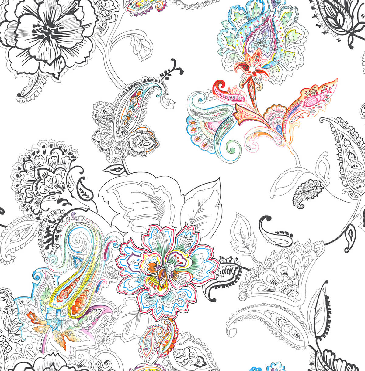 Colorful paisley peel and stick wallpaper in multicolor on a white background