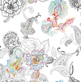 Colorful paisley peel and stick wallpaper in multicolor on a white background