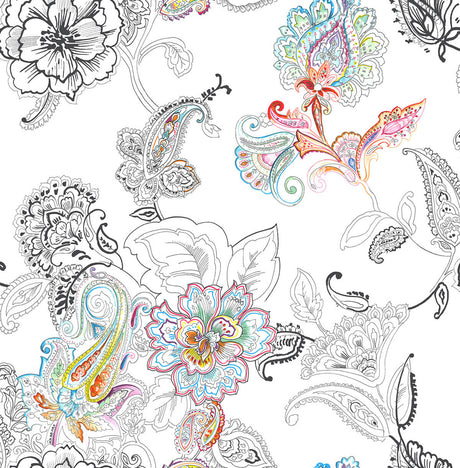 Colorful paisley peel and stick wallpaper in multicolor on a white background