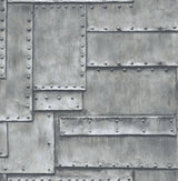Charcoal faux riveted metal panel industrial peel and stick wallpaper pattern