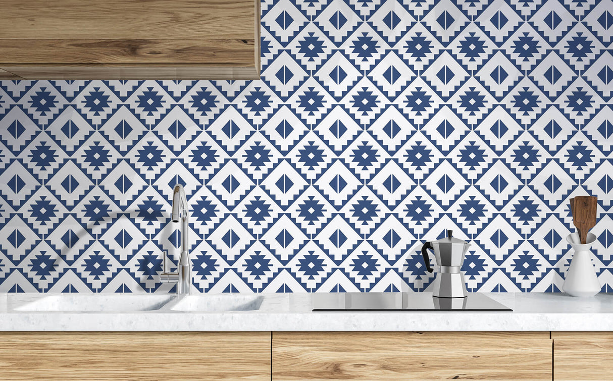Southwest Tile Navy Blue by NextWall Peel & Stick Geometric Peel & Stick Wallpaper – NextWall NW34202
