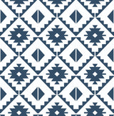 Navy blue and white Southwestern geometric tile peel and stick wallpaper pattern