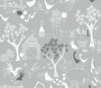 Grey Scandinavian farm scene peel and stick wallpaper with birds, barn, trees and florals