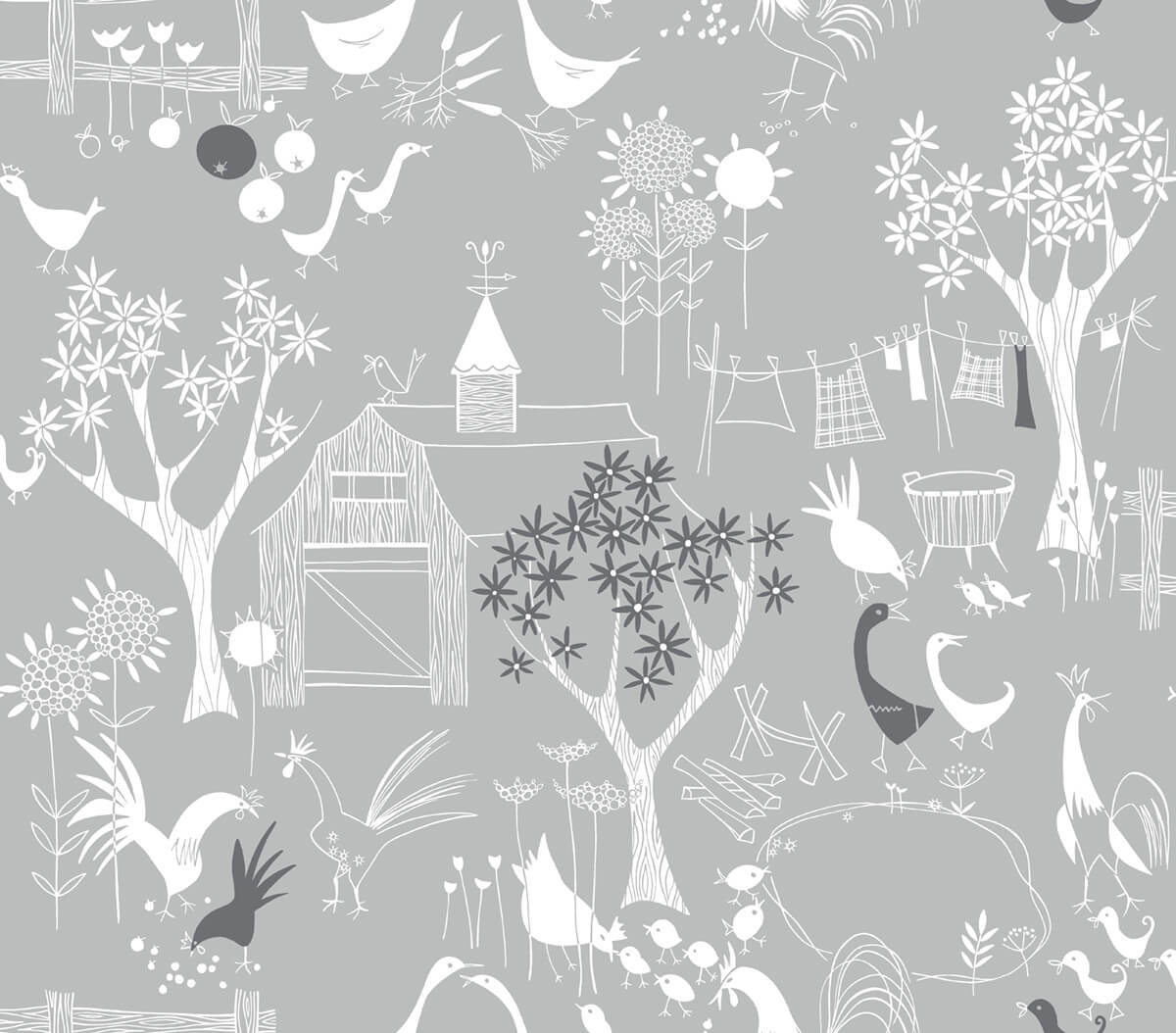 Grey Scandinavian farm scene peel and stick wallpaper with birds, barn, trees and florals