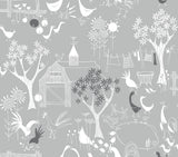 Grey Scandinavian farm scene peel and stick wallpaper with birds, barn, trees and florals