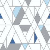 Kaleidoscope geometric peel and stick wallpaper in blue and gray triangles