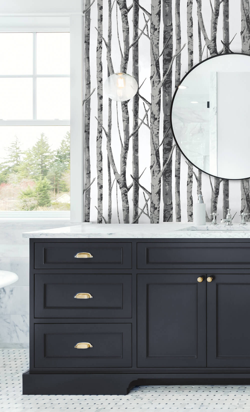 Birch Trees Monochrome by NextWall Peel & Stick Birch Tree Wallpaper- NextWall NW34800