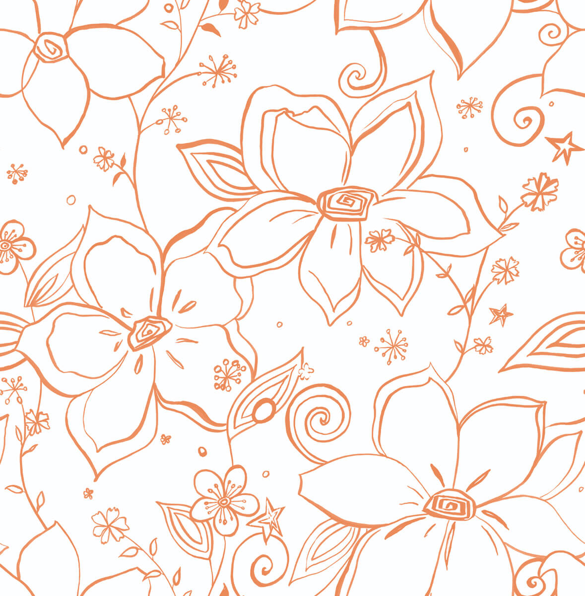 Linework Floral peel and stick wallpaper in orange line-art floral pattern on a white background