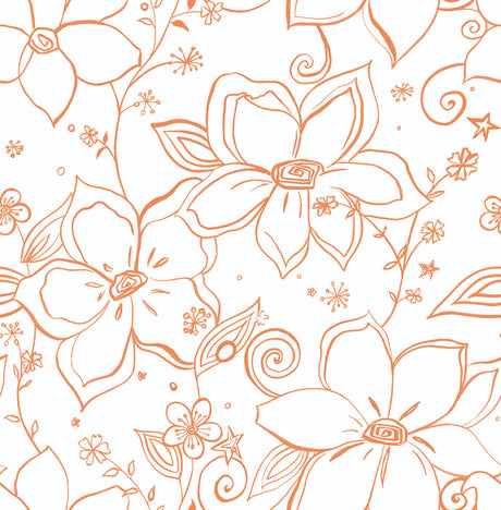 Linework Floral peel and stick wallpaper in orange line-art floral pattern on a white background
