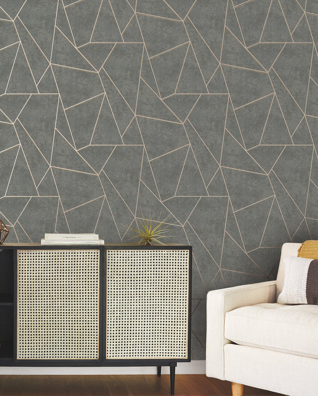 Nazca Dark Grey & Gold Geometric Metallic Wallpaper - York NW3502