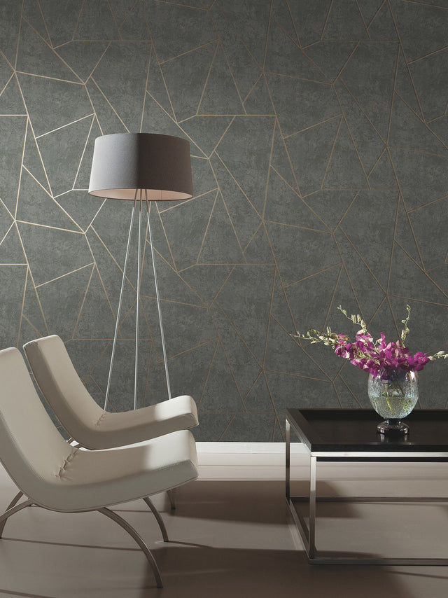 Nazca Dark Grey & Gold Geometric Metallic Wallpaper - York NW3502