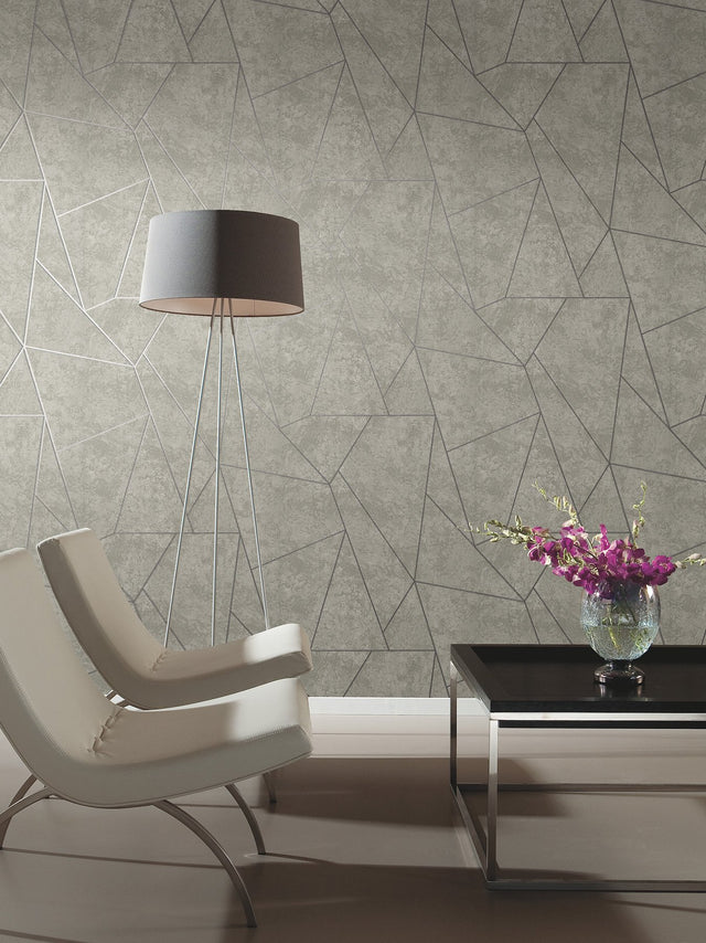 Nazca Light Grey & Silver Geometric Metallic Non Woven Wallpaper - York NW3503