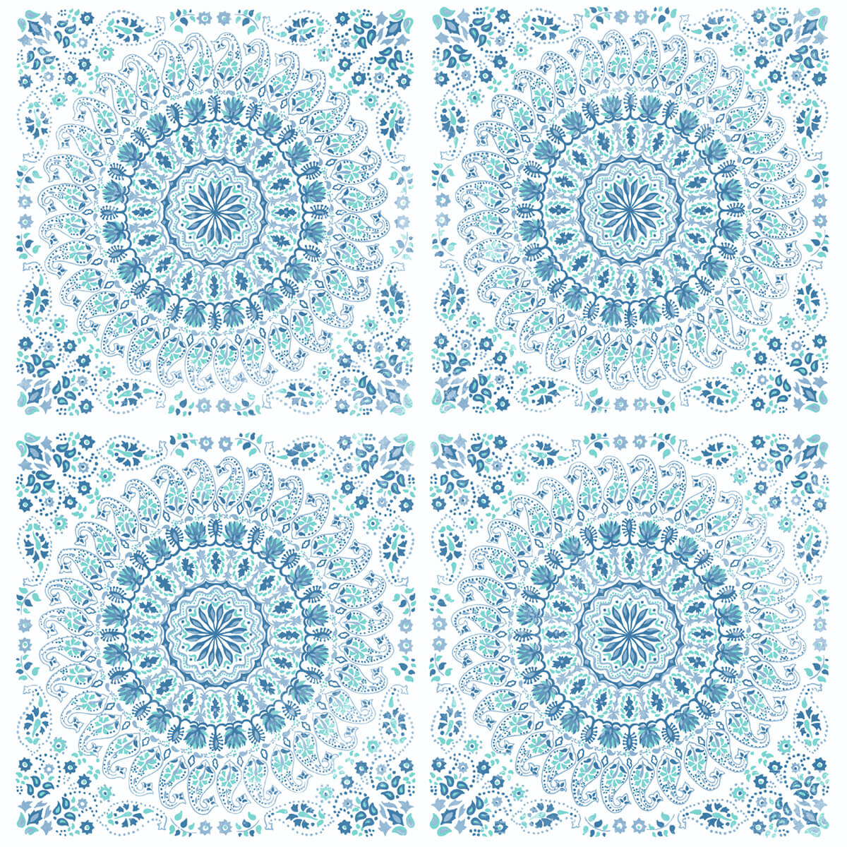 Teal and blue mandala medallion peel and stick wallpaper pattern