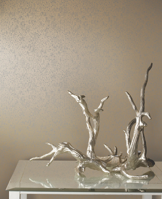 Interactive Taupe & Gold Wallpaper with Metallic Geometric Mesh - York NW3512
