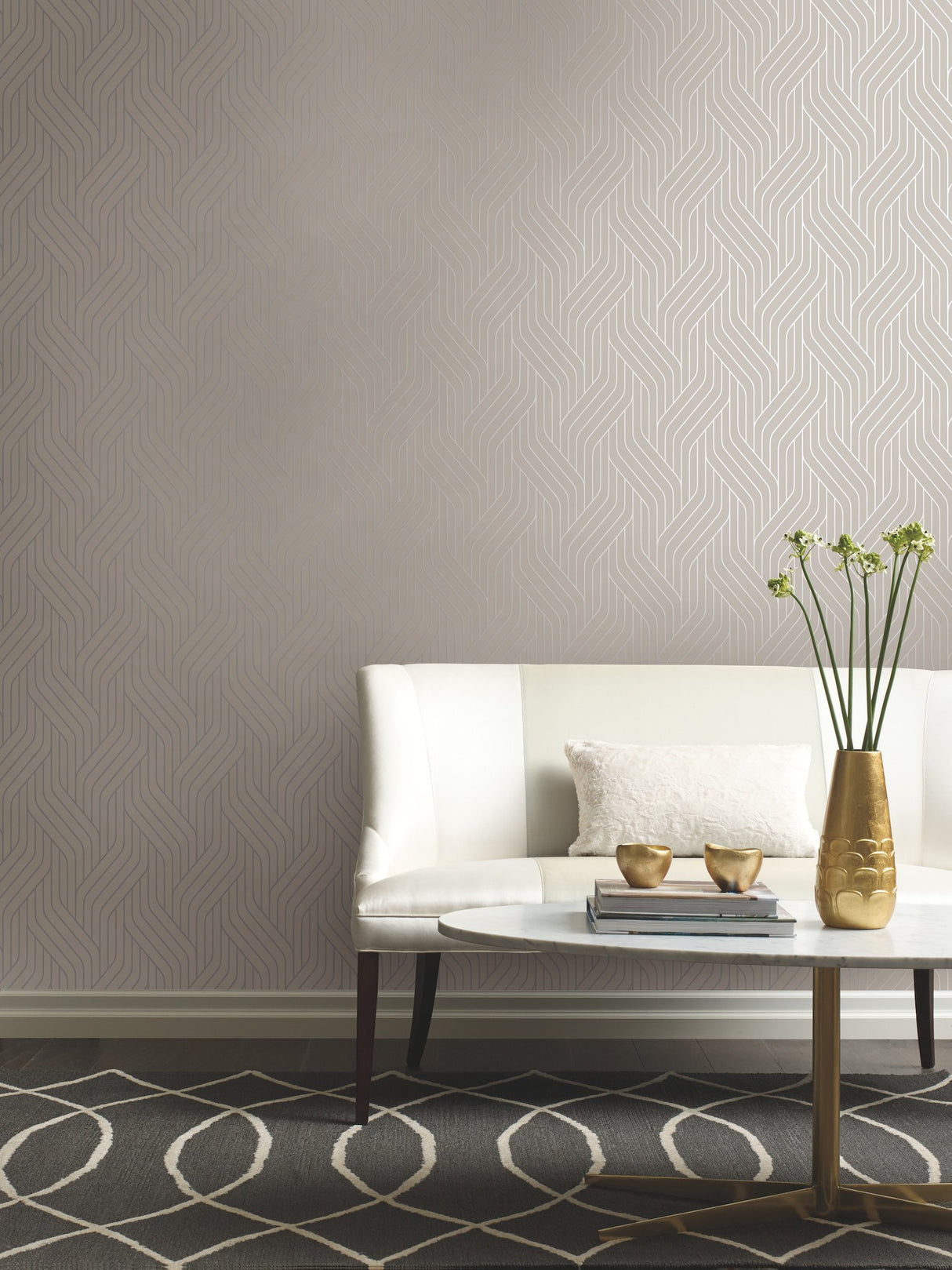 Ebb & Flow White & Silver Wallpaper with Metallic Geometric Stripes - York NW3516